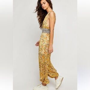Free People Yellow Floral Sleeveless Jumpsuit with Smocked Waist